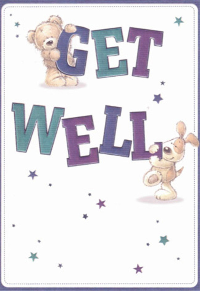 A testament to encouragement and thoughtful artistry, this get well card captures the uplifting essence of EC2, where city life and small comforts intersect. Central to the image are two whimsical friends: a bear, soft and inviting, and a spirited puppy, ears flopping playfully. Stars in varying hues of blue and purple twirl about them, casting the scene in a gentle, magical glow reminiscent of lights reflecting off Spitalfields Market at dusk. The 'Get Well' message, shaded in confident teals and purples, grounds the card with assurance, the bold typography reminiscent of reassuring words from a caring neighbour. Rich in texture, the bear's plush fur and the creased fabric of the puppy's ears invite tactile imagination-comforting reminders of home, even amidst EC2's urban pace. Each compositional detail feels as meticulously placed as a floral stem in a hand-tied bouquet from a local florist. Sent together with fresh flowers, this card becomes a heartfelt offering, lifting spirits with sincerity and bringing a touch of warmth and local connection to anyone recovering within the City.