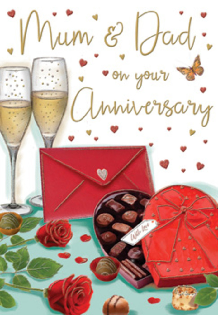 The anniversary card illustration presents a lavish yet homely still-life scene, steeped in shades of red, gold, and warm cream that suggest an evening celebration in the heart of EC2. Dominating the foreground are two exquisite red roses, laid gently on the tabletop, their petals unfurling in soft, velvety layers that bring to mind a freshly prepared anniversary bouquet in a City florist's studio near Bank. Their stems are edged with glossy green leaves, adding contrast and a sense of natural movement. Close by, a heart-shaped box of chocolates sits invitingly open, revealing neatly arranged pieces whose round tops peek from their compartments, with a generous red ribbon tied in a luxurious bow spilling down the side like a flourish of satin. Behind this indulgent centrepiece, two elegant champagne flutes stand side by side, filled with pale golden fizz; fine streams of bubbles rise within the glass, capturing that suspended moment just before a toast is made. Scattered gold and crimson hearts float across the background like delicate confetti, enfolding a handwritten Mum & Dad message that feels intimate and heartfelt. A bold scarlet envelope rests at the front, neatly sealed and angled as if just placed there, implying the presence of a cherished note tucked safely inside. The overall mood is warm, romantic, and quietly joyful, as if you've stepped into a private celebration in a hidden EC2 apartment: roses hinting at their gentle fragrance, chocolates promising shared sweetness, and champagne inviting a toast to many more years of love and companionship.