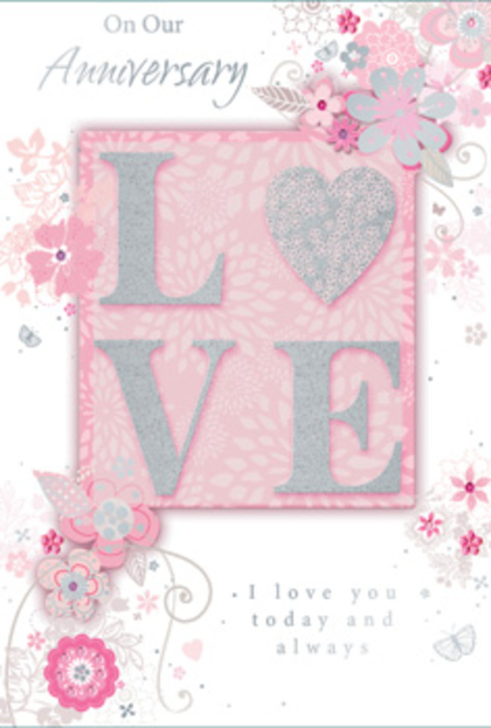 In this image, an anniversary card opens like a soft sigh of affection, washed in mellow hues of blush pink, lilac-grey, and creamy white that echo the pastel tones often used by EC2 Flowers for romantic arrangements. The central focus is the bold word LOVE, its capital letters finished with an elegant frosted glitter effect that gives a subtle shimmer and a pleasing texture under the fingertips. This embossed lettering sits prominently against a gentle pink backdrop, similar to the colour of early morning clouds seen above Bishopsgate. Surrounding the word is a border of light, hand-drawn blooms and sprays of foliage that appear almost weightless. Their outlines are thin and expressive, with petals shaded in soft pinks and ivory, accented by occasional silver strokes that catch the light like droplets on freshly watered flowers. Along the edges, filigree curves, small leaves, and nearly hidden butterflies weave in and out of the design, suggesting quiet movement, as if the decoration is alive with whispered emotion. Nestled beside or beneath the main motif, a simple declaration-I love you today and always-is typeset in a graceful yet understated script, inviting a reflective pause. The layout leaves gentle spaces between elements, giving the composition a breathing, spacious quality reminiscent of a calm evening stroll around the quieter corners of Moorgate or the paths of Finsbury Circus. More than a simple greeting, this card feels like a bouquet translated into paper and ink, perfectly suited to honouring everyday love and milestone anniversaries in and around EC2.