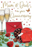 This anniversary card design captures a scene of intimate celebration, illustrated with the care and detail of a lovingly arranged table in an EC2 home. At the forefront, two rich red roses lie side by side, their velvety petals curving outward in full bloom, each petal shaded to show its softness and depth, much like the premium stems a florist near Old Broad Street might choose for a milestone anniversary. Their fresh green leaves frame the composition, bringing a touch of garden vitality to the scene. Just beside them rests an open heart-shaped chocolate box, its interior filled with neatly nestled chocolates, while a luxurious red satin bow spills gracefully across the outer edge, hinting at both indulgence and thoughtfulness. Slightly to the back, two tall champagne flutes stand almost touching, brimming with luminous golden bubbles that rise delicately, evoking the soundless anticipation right before a toast. Scattered gold and crimson hearts float gently across the card, encircling a hand-lettered message to Mum & Dad that feels warm, personal, and celebratory. In the lower part of the image, a bright scarlet envelope lies sealed and slightly angled, suggesting the presence of a heartfelt letter or card that will be opened with a smile. The whole composition glows with a cosy, romantic energy, as if lit by soft evening light filtering through City windows: roses suggesting enduring passion, chocolates and champagne promising shared moments of sweetness, and every detail working together to honour the lasting love of parents on their special day.